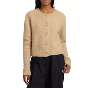 Women's <b>Beige</b> Knitted <b>Cardigan</b> Crew Neck Full Sleeve Button Front Minimalist Solid Color Autumn Wear By Tiki Taka Sports - Product Image 4