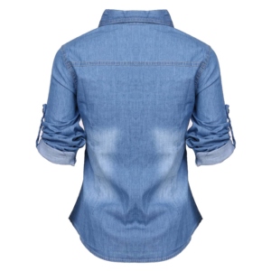 Camisas de Mezclilla Azul para Mujer, Diseño Nuevo, de Algodón, Manga Larga, Cuello con Botones, Estilo Casual y Formal, Corte Holgado - Product Image 3