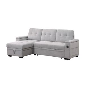 Divano Sezionale Reversibile Ashlyn II 84'' L in Tessuto Grigio Intrecciato con Chaise Longue, Portabicchieri e Porte di Ricarica - Product Image 2