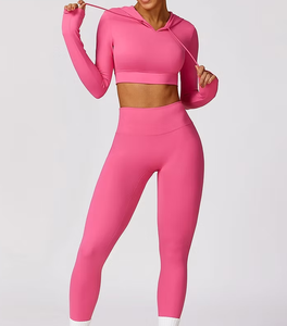 Custom Women Solid Hip Lifting <b>Workout</b> Pants Lightweight Hooded <b>Long</b> <b>Sleeve</b> Seamless Gym Crop <b>Tops</b> Set High Elastic OEM Service - Product Image 3
