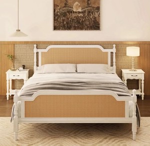 Traditional Solid Wood <b>Bed</b> <b>Frame</b> with <b>Rattan</b> Headboard and Footboard Natural Color Bedroom Furniture - Product Image 5