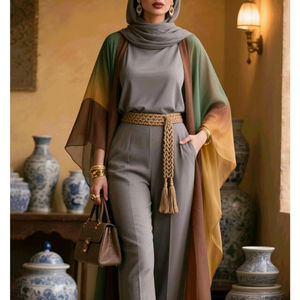 Robe Abaya élégante pour femmes en mousseline de soie ombrée avec hijab assorti, tenue modeste longue, manches larges, col rond, polyester - Product Image 1