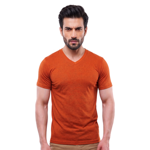 Camisetas de Hombre con Cuello en V y Rayas Naranjas, Camisetas de Punto Ajustadas de Verano, Camisetas de Manga Corta Informales para Hombre - Product Image 4