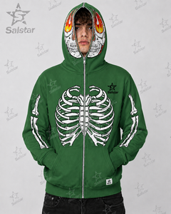 Green Gothic Hoodie Men <b>Skeleton</b> Print Zippered Hooded Sweatshirt Regular Fit Autumn Style Skull Design <b>Full</b> Sleeve - Product Image 3