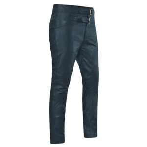 Men's <b>Black</b> Leather Breathable Lightweight Worsted Fabric Multi-Pocket Moto Biker <b>Pants</b> Mid Waist Straight Fit Rivets Zipper Fly - Product Image 2