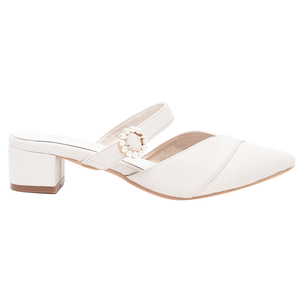 Ann'S Women Pointed Toe Mule Pumps 4cm Low <b>Heel</b> Pearl Buckle Fashion <b>White</b> Mules - Product Image 2