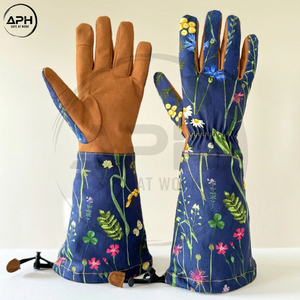 Blue Wildflower Print <b>Long</b> Sleeve Gardening <b>Gloves</b> Brown Suede Palm Extended Gauntlet Protective Shield For Yard Care - Product Image 4