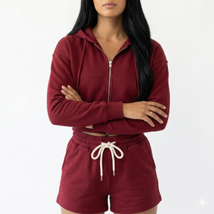 Conjunto de Sudadera con Capucha y Cremallera y Pantalones Cortos, Manga Larga, Color Sólido, Informal, de Punto, de Algodón, 2 Piezas, para Primavera/Verano - Product Image 5