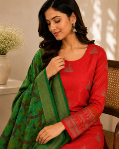 Unstitched Red Cotton <b>Kurta</b> Set with Green Printed Dupatta Traditional <b>Indian</b> Pakistani Casual Wear - Product Image 2