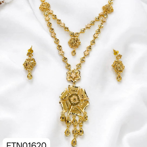 Women's Brass 18K Gold Plated Turkish Long Haram Necklace <b>Set</b> Lock Design Bridal Traditional Wedding Engagement - Product Image 1