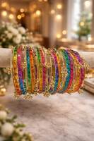 Ensemble de bracelets en verre et métal doré de style cachemire, tendance et très demandé, Churiyan, pour mariages, fêtes et occasions spéciales, cadeaux de retour, faits à la main