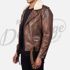 Chaqueta de Motociclista de Cuero Marrón para Hombre con Cuello de Piel de Oveja Blanca, Chaqueta de Motociclista Ajustada de Piel de Oveja Real con Cinturón para Invierno - Product Image 5