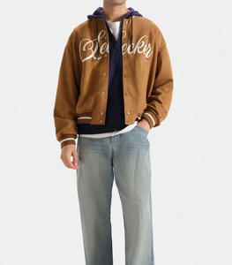 Seeker Unisex Solid Coated <b>Suede</b> Mandarin Collar Varsity <b>Jacket</b> Embroidered Letter Logo Front Casual Winter Wear - Product Image 5