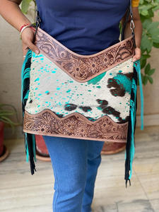 กระเป๋าสะพายข้างหนังสไตล์โบโฮประดับพู่สำหรับผู้หญิงกระเป๋าถือช้อปปิ้งมีพู่ทำจากหนังโลหะงานแกะสลักด้วยมือจริงแบบตะวันตก - Product Image 6