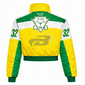 เสื้อแจ็คเก็ตครอปปักลายสำหรับสตรีชมรม Chi Eta Phi  เสื้อผ้าสไตล์กรีก วินเทจ สีเขียวและเหลือง แจ็คเก็ตบอมเบอร์แบบวาร์ซิตี้  โลโก้สั่งทำได้ - Product Image 2