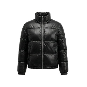 Black Quilted Jacket Full Sleeve Stand Collar Winter Windproof Polyester Filling Zipper Closure Regular Length - Product Image 1