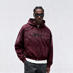 Men' s Embroidered Hoodies Cotton Custom Logo <b>Drop</b> Shoulder Patchwork Oversized Heavyweight <b>Acid</b> Wash Zip up Boxy Hoodie for Men - Product Image 1