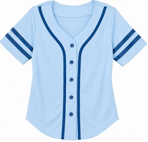 Maillot de baseball bleu clair pour femme, manches courtes, col en V, fermeture boutonnée, polyester anti-humidité, coupe classique - Product Image 1