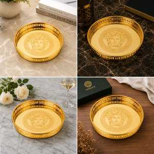 Service de vaisselle vintage en métal doré, motif fruits peint à la main, compatible lave-vaisselle, comprenant plat de service, bols, cuillère, fourchette, couteau et baguettes - Product Image 2