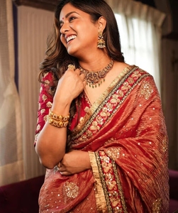 KV Women's <b>Red</b> Banarasi Crush Embellished <b>Saree</b> With Unstitched Blouse - Product Image 1