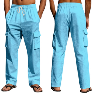 Pantalon en lin et coton gris pour homme, taille élastique avec cordon de serrage, plusieurs poches, coupe décontractée, respirant, pour l'été, style workwear - Product Image 4