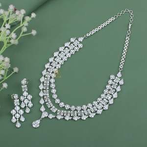 Esha Triple Layered Designer Necklace Set-Gold Plated Zirconia & Pearl Wedding Jewelry Set - Product Image 3