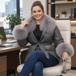 Women's Genuine Leather Puffer Jacket with Grey <b>Fox</b> <b>Fur</b> Collar And Cuffs Winter Zipper Closure Lederjacken Damen - Product Image 6