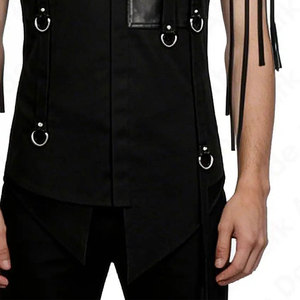 <b>Men's</b> Black Gothic Punk Shirt Short Sleeve Button Down D-Ring Fringed Sleeves Faux Leather Panel Factory Supplies - Product Image 5