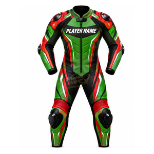 Combinaison de moto en cuir pour homme, verte, rouge, noire, une pièce, avec blocs de couleur, armure de protection, nom personnalisé - Product Image 1