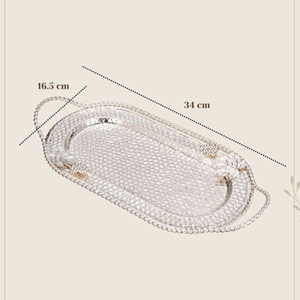 Bandeja ovalada plateada de lujo con textura, detalles de hojas y asas de cuerda, elegante plato de metal para servir en bodas y fiestas exclusivas - Product Image 3