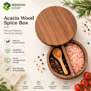 Boîte à épices double en bois d'acacia avec logo personnalisé, boîte de rangement pour assaisonnements en bois, fabricant OEM ODM - Product Image 2