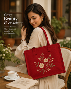Bolso Tote Rojo de Yute con Bordado Floral, Asa Superior, Diseño Retro Casual, Forro de Algodón, para Playa, Viajes y Uso Diario - Product Image 3
