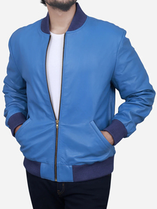 Veste bomber en cuir bleu véritable pour homme, personnalisée, style streetwear, broderie 3D, veste tendance - Product Image 1