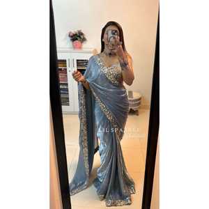 Designer <b>Party</b> Saree with Lace Border Cording and Sequins Embroidery Work for <b>Prom</b> Dresses - Product Image 4