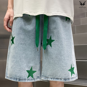 Nueva Tendencia: Pantalones Cortos de Mezclilla para Hombre con Parches de Estrellas, Corte Holgado, Azul Claro, Estilo Baggy, Logotipo Personalizado, Streetwear, Hip Hop - Product Image 4