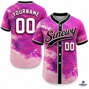 เสื้อเบสบอลสั่งทำพิเศษ ลายพิมพ์ไล่เฉดสีชมพูม่วง แบบยูนิเซ็กส์ แขนสั้น ติดกระดุมด้านหน้า ทรงปกติสำหรับผู้ใหญ่ - Product Image 1