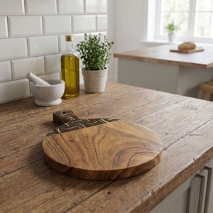 Tabla de cortar redonda de madera Suar de grado alimenticio con mango, patrón de incrustaciones oscuro y claro para uso en la cocina. - Product Image 3