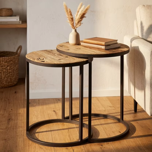 Juego de Mesas Auxiliares Modernas Rafert, Ecológicas, Duraderas, Redondas, con Base de Hierro y Tapa de Madera, para Apartamento, Cafetería, Salón - Product Image 4