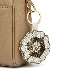 Classic Beaded Flower Keychain Leather <b>Bag</b> <b>Charm</b> Gold Tone Metal Pendant Decorative Accessory for Handbags BY MULTI CRAFT - Product Image 3