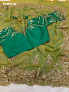 Sari-Blouse en mousseline de soie à motifs festonnés, orné de broderies multi-sequins et de fils Butta et de bordures, pour usage occasionnel - Exportateur indien - Product Image 2