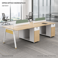 Bureau de travail moderne pour 4 personnes avec armoires de rangement et séparateurs verts, 2800 mm, aspect chêne