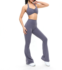 Pantalon de yoga évasé taille mi-haute, couleur unie simple, en polyester/nylon extensible dans les quatre sens, longueur intégrale, pour femme, tenue de fitness - Product Image 3