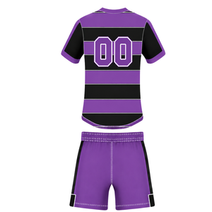 Conjunto de Uniforme de Rugby de Manga Corta Morado y Negro, Jersey de Rugby a Rayas con Cuello Redondo, Pantalones Cortos con Cordón, Ropa Deportiva para Entrenamiento y Equipo - Product Image 2