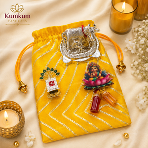 Silk Potli <b>Gift</b> Bag German Silver Tulsi Kamdhenu Cow Calf Lakshmi Set Handcrafted Eco Friendly Wedding Return <b>Gifts</b> Festive - Product Image 1