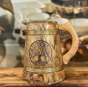 Wooden Beer <b>Mug</b> Laser Engraved <b>Tree</b> Design Vintage Style With Handle Classic Bar Rustic barrel style <b>mug</b> Accessory Home Use - Product Image 1