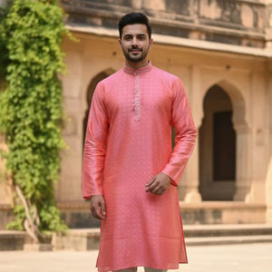 Tenue Traditionnelle Ethnique pour Hommes, Kurta Pyjama en Soie Jacquard avec Broderie Lourde, Coton Raymond, Coupe Ample, Infroissable, pour Mariage et Diwali - Product Image 1