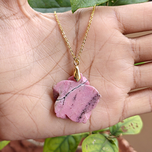 Wholesale jewelry flower carved rhodonite <b>with</b> black cz accent pendant necklace 18k gold plated fashion chain brass necklace - Product Image 6