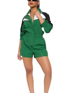 Survêtement vert color block pour femme, manches longues, demi-zip, coupe ample sportive, short respirant, idéal pour le printemps - Product Image 3