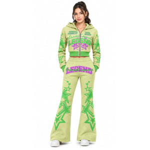 Women's Green Hooded <b>Tracksuit</b> Full Length Zipper Star Print <b>Y2K</b> Style Loose Fit Sweat Suit With Side Pockets - Product Image 3
