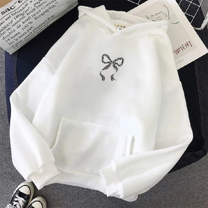 Sweat-shirt à capuche blanc grande taille pour femme avec broderie léopard et nœud, décontracté, automne, coupe régulière, manches longues, en coton tricoté - Product Image 1